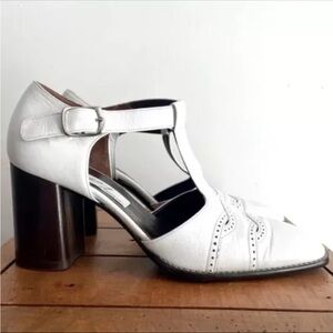 Vintage White Italian Leather T-strap Stacked Buckle Chunky Heel Shoes 36